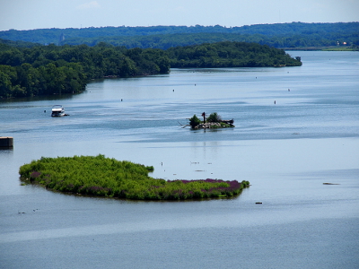 [Two islands, one covered with shrubbery and the other with a marker in it sit in the middle of the river. To the left of these islands is a row of markers in the water directing traffic to the lock.]
