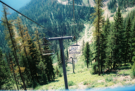 [Going down a ski lift to reach the lift to the next level.]